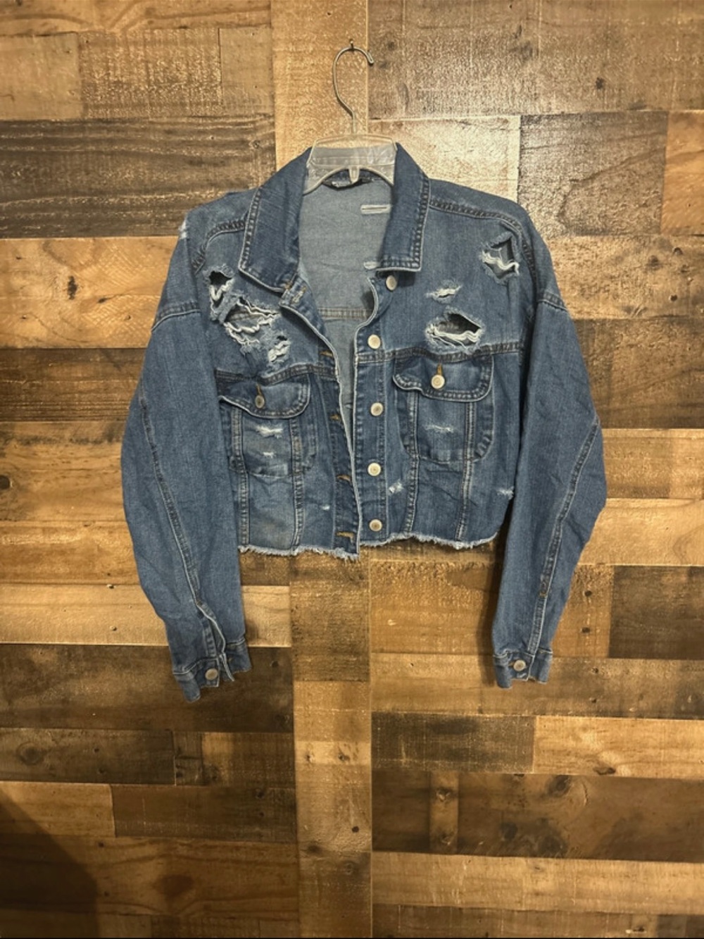 Distressed Cropped Denim Jacket - Blue